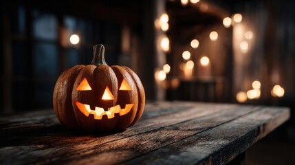a carved pumpkin sitting on top of a wooden table