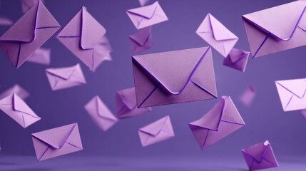 a bunch of purple envelopes flying through the air