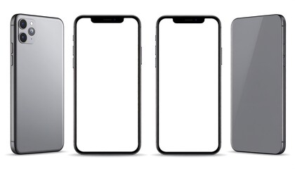 Multiple views of a modern smartphone, showing the screen, back, and sides. The device is gray