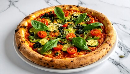 Overhead shot of a fresh pizza on a white plate, topped with vegetables and basil leaves, set against a marble background
