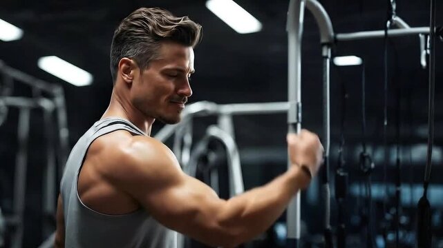 A fit muscular man working out in a fitness gym. Fitness advertising concept with copy space.