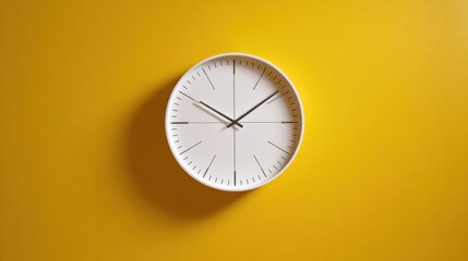 a clock on a yellow wall with a black hands