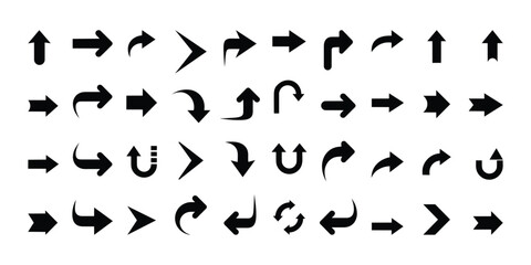 Collection of various black arrow shapes pointing in different directions isolated on white background