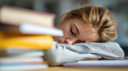 A tired teenager resting head on crossed arms beside blurred schoolbooks, portraying emotional fatigue, academic stress, and quiet introspection within the challenging rhythm of student life.
