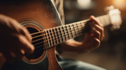 A teenager hands playing an acoustic guitar, highlighting the movement of strings and gentle rhythm that symbolize music therapy, relaxation, and emotional healing through creative expression.