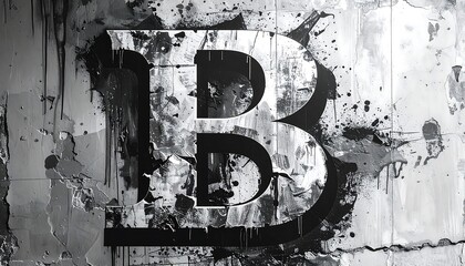 Monochrome image showcasing a large, bold capital "B" spray-painted onto a weathered wall with paint drips and splatters