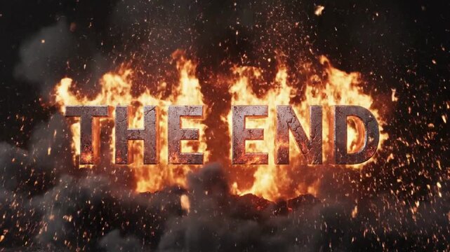 Explosive fiery finale with dramatic burning text and dynamic sparks flying in dark scene, perfect for action movie trailers