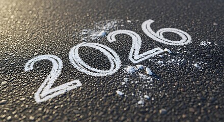 The year 2026 written with white chalk on a dark textured asphalt road, symbolizing the journey and future ahead