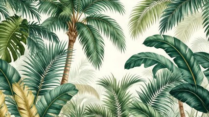 Tropical palm trees and banana leaves creating an exotic foliage scene, botanical nature and greenery design, watercolor illustration. - Powered by Adobe