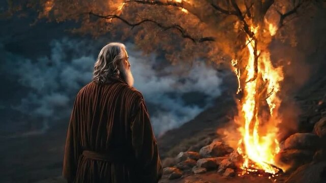 Moses witnesses God in the shape of a burning bush tree. Religious concept.