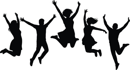Group of five excited young people silhouettes jumping, celebrating success and joy, freedom, energetic friends team, happy youth achievement, party mood.