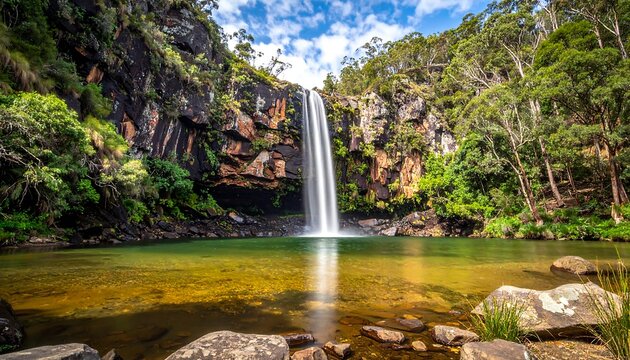 Majestic waterfall cascading into a clear, reflective pool surrounded by lush green trees and rocky cliffs under a partly cloudy blue sky
