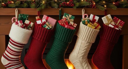 Christmas stockings hanging on the fireplace mantle filled with gifts and candy canes