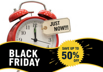 Black friday sale with alarm clock and 50 off discount, isolated on transparent background