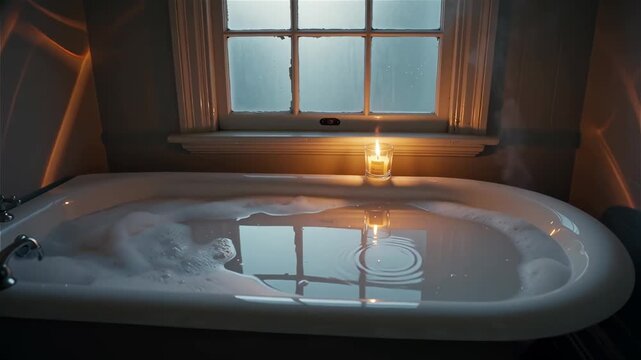 A relaxing bathtub with candle and window ambiance