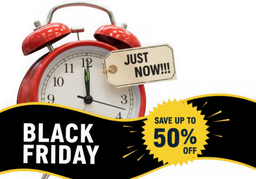Black friday sale with alarm clock and 50 off discount, isolated on transparent background
