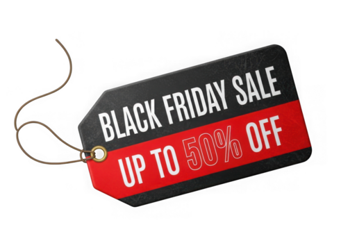 Black friday sale tag with up to 50 off discount, isolated on transparent background