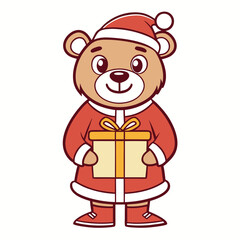 Festive Cartoon Teddy Bear in Santa Outfit Holding a Gift Box with a Bow