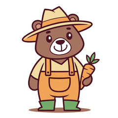 Charming brown bear character dressed as a friendly farmer in overalls and a hat holding a fresh carrot