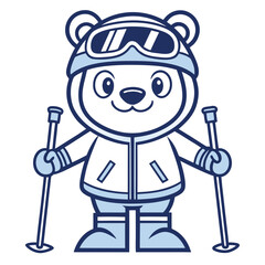 A charming cartoon polar bear mascot dressed for winter skiing, holding poles and wearing goggles