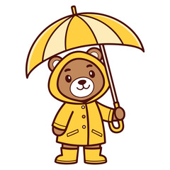 Adorable cartoon teddy bear character in a yellow raincoat and matching boots, holding an open umbrella for rainy day weather protection