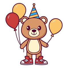 Happy cartoon teddy bear character in a festive party hat and sneakers holding balloons for a birthday celebration