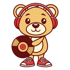 Adorable cartoon bear character wearing vibrant red headphones and holding a vintage vinyl record, embodying the spirit of music and entertainment as a cheerful disc jockey