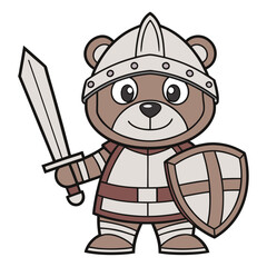 Brave Teddy Bear Knight A Cartoon Illustration of a Ready Warrior with Sword and Shield