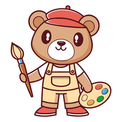 Cute cartoon teddy bear artist holding a paintbrush and palette, ready to paint. Adorable animal character illustration for creative projects