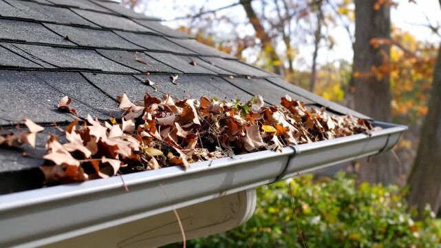 Clogged gutters full of decaying foliage on house roof, needs cleaning during autumn season; foliage, leaves and debris accumulate in eavestrough, potential blockage.