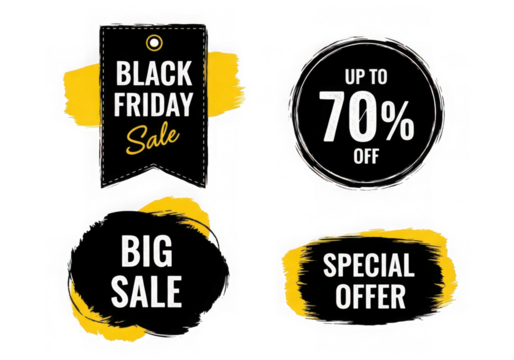 Collection of black friday sale tags and offers including up to 70 off and big sale isolated on transparent background