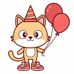 Cartoon Cat with Party Hat Holding Balloons Celebrate in Style!