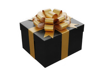 A black gift box with a gold ribbon and bow, isolated on transparent background