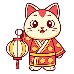 A cute cartoon cat character wearing a red traditional robe and holding a festive paper lantern for an Asian holiday celebration