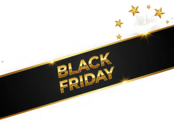 Black friday golden text on black ribbon with stars and fireworks, isolated on transparent background