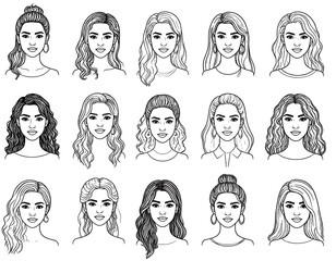 Monochrome line drawings depict diverse female faces with various hairstyles and facial features