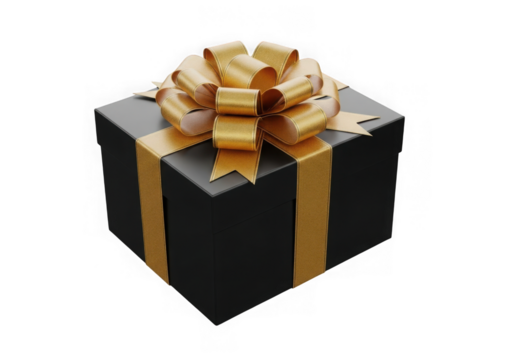 A black gift box with a gold ribbon and bow, isolated on transparent background