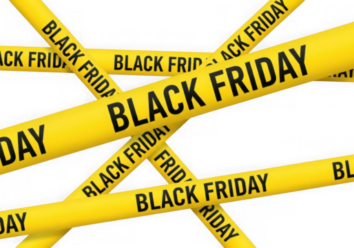 Yellow caution tape with black text black friday scattered on a transparent background, isolated on transparent background