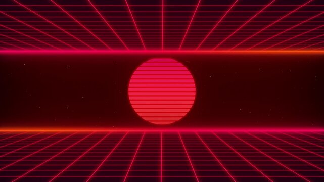 4K futuristic synthwave 80s abstract style retro background minimal red and hot pink color grids. Sci-fi seamless looping animation with two grid and sunset in the middle.