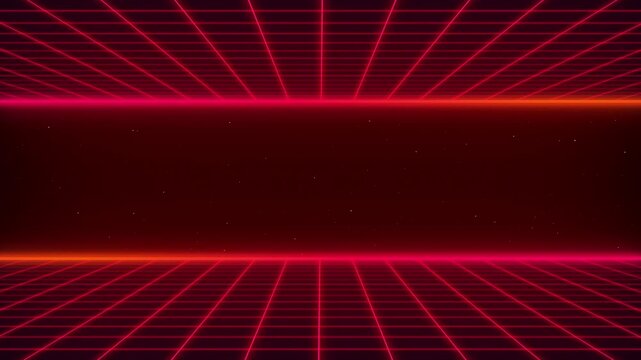 4K futuristic synthwave abstract red hot pink and orange color 80s style retro minimal background animated. Sci-fi seamless looping animation with two grid on top and the bottom
