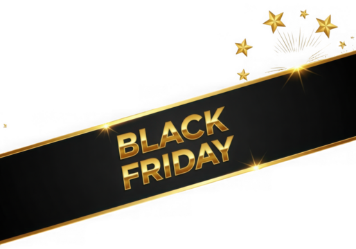 Black friday golden text on black ribbon with stars and fireworks, isolated on transparent background