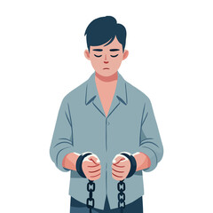 Flat Illustration of Sad Man Shackled with Chain in White Background