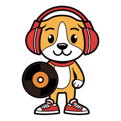 Cute cartoon dog wearing headphones and holding a vinyl record, music and entertainment
