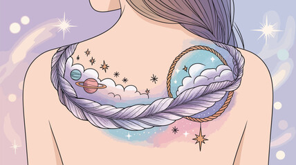 A beautiful woman with flowing hair and a flower decoration on her face in a blue ocean silhouette illustration design