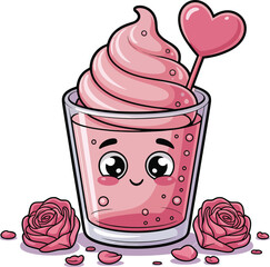 Sweet food dessert vector illustration of a pink cupcake with heart and fresh strawberry jam