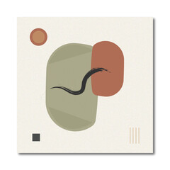 Minimalist Abstract Art with Organic and Geometric Shapes, Earth Tones, and Zen Brush Stroke Accent on Grainy Neutral Background - Contemporary Poster