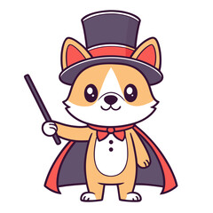 Cartoon Corgi Magician Character with Top Hat and Wand for Magical Projects