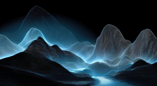 Dark landscape with glowing, light-blue mountain ranges