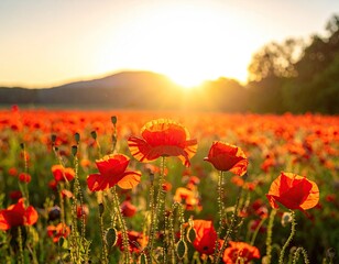 Red Poppies Field at Sunset