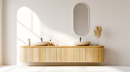 A minimalist, light wooden bathroom vanity